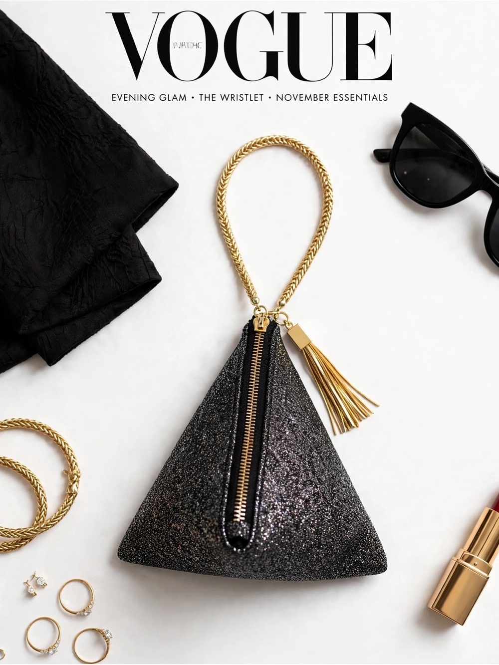 Black Glitter Pyramid Wristlet Bag with Gold Tassel
